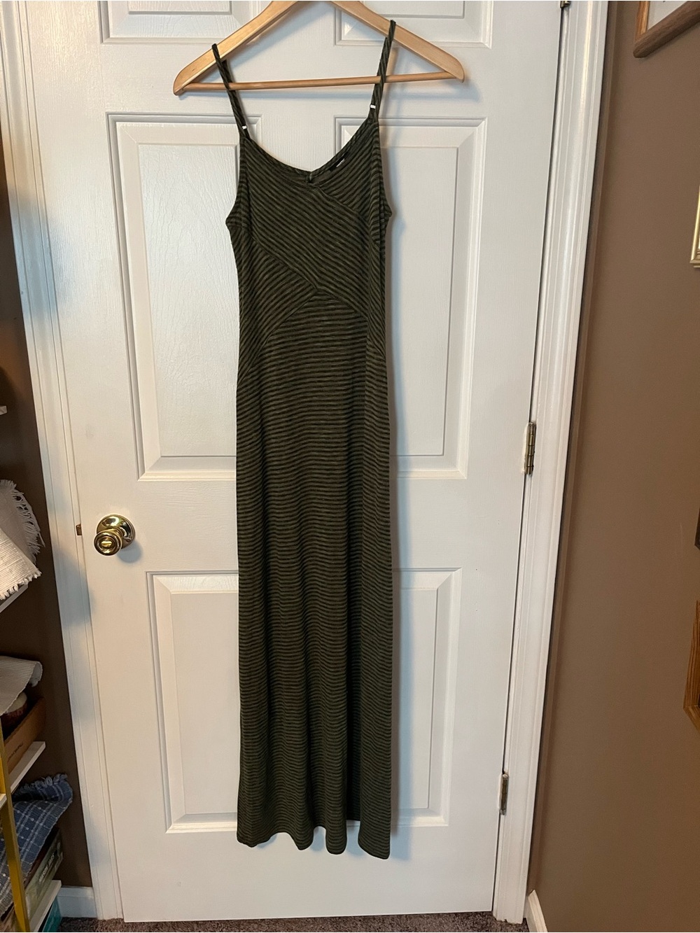 Women Maxi Dress Adjustable Halter Sleeveless Fitted XS Geometric Striped Green